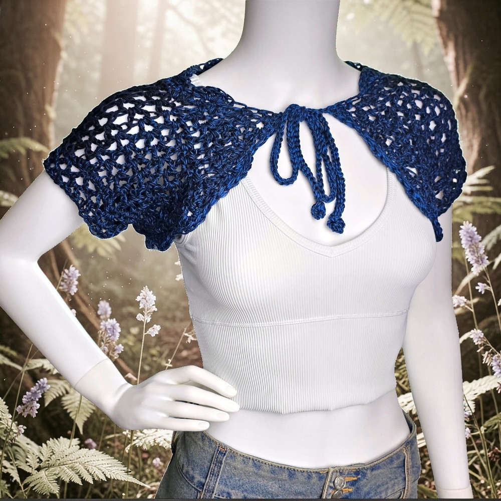 Handmade Crochet Shrug Blue Ombre, Front Tie Cropped Summer Cardigan